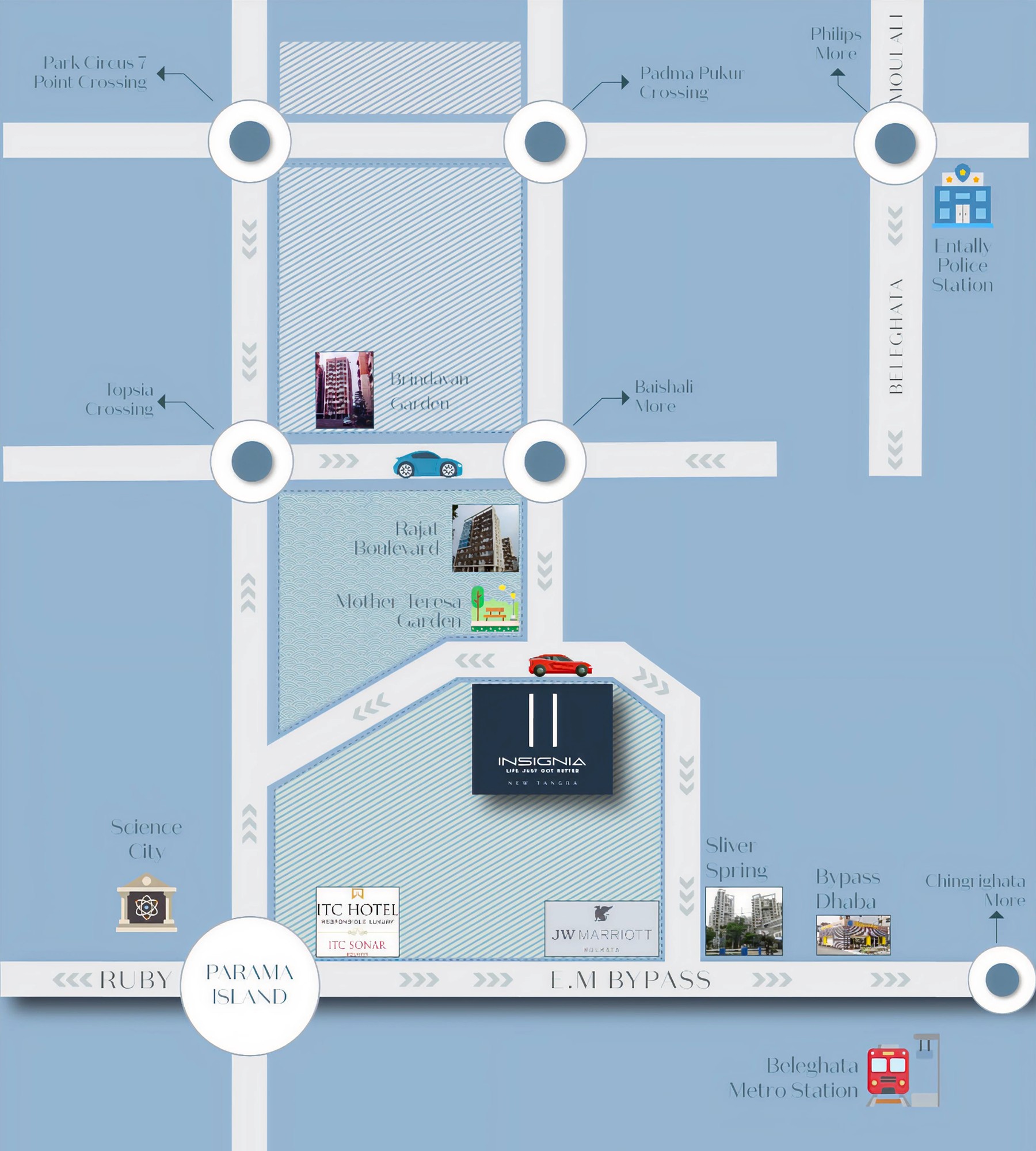 Insignia New Tangra location and connectivity map showing nearby crossings, hotels, schools and transport