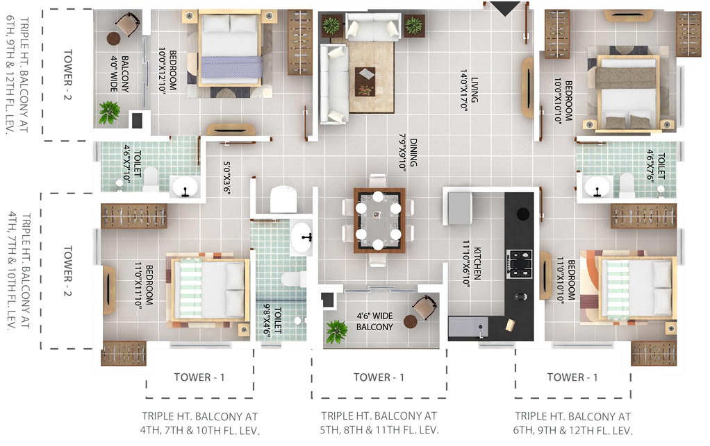 Flat B, 4 BHK orthographic floor plan