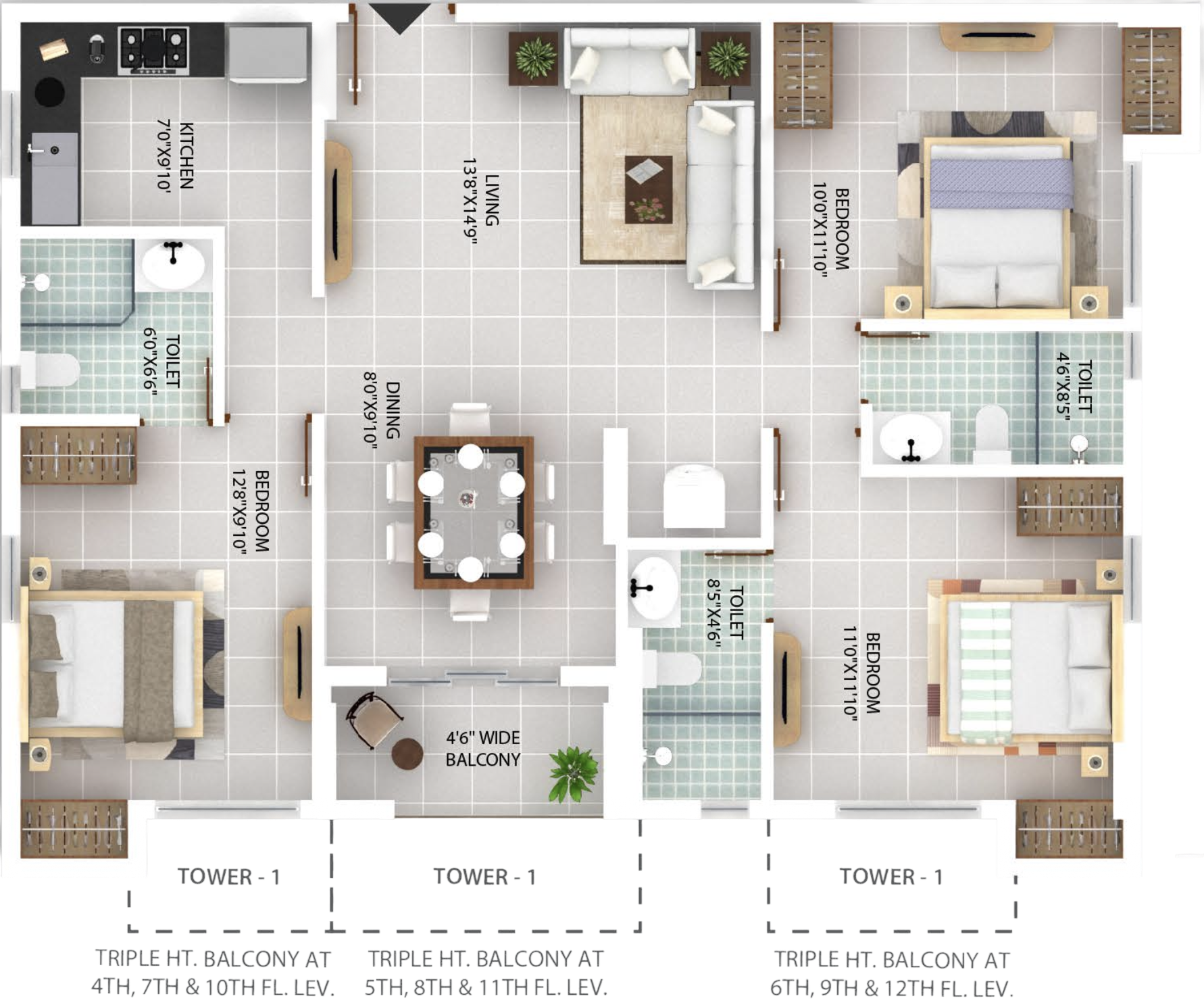 Flat D, 3 BHK orthographic floor plan