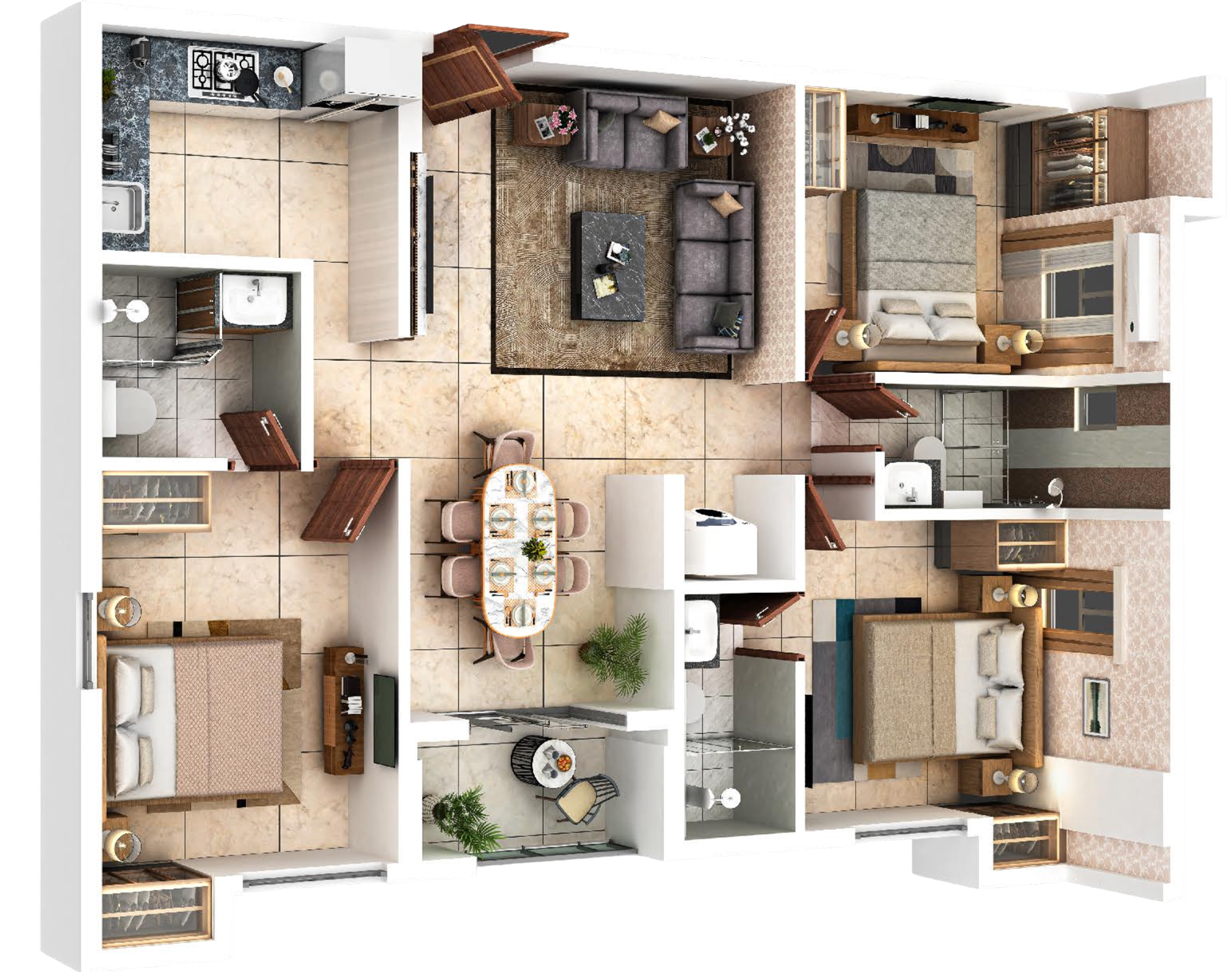 Flat D, 3 BHK isometric view